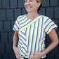 blue and yellow striped tie front top