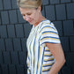 blue and yellow striped tie front top
