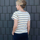 blue and yellow striped tie front top