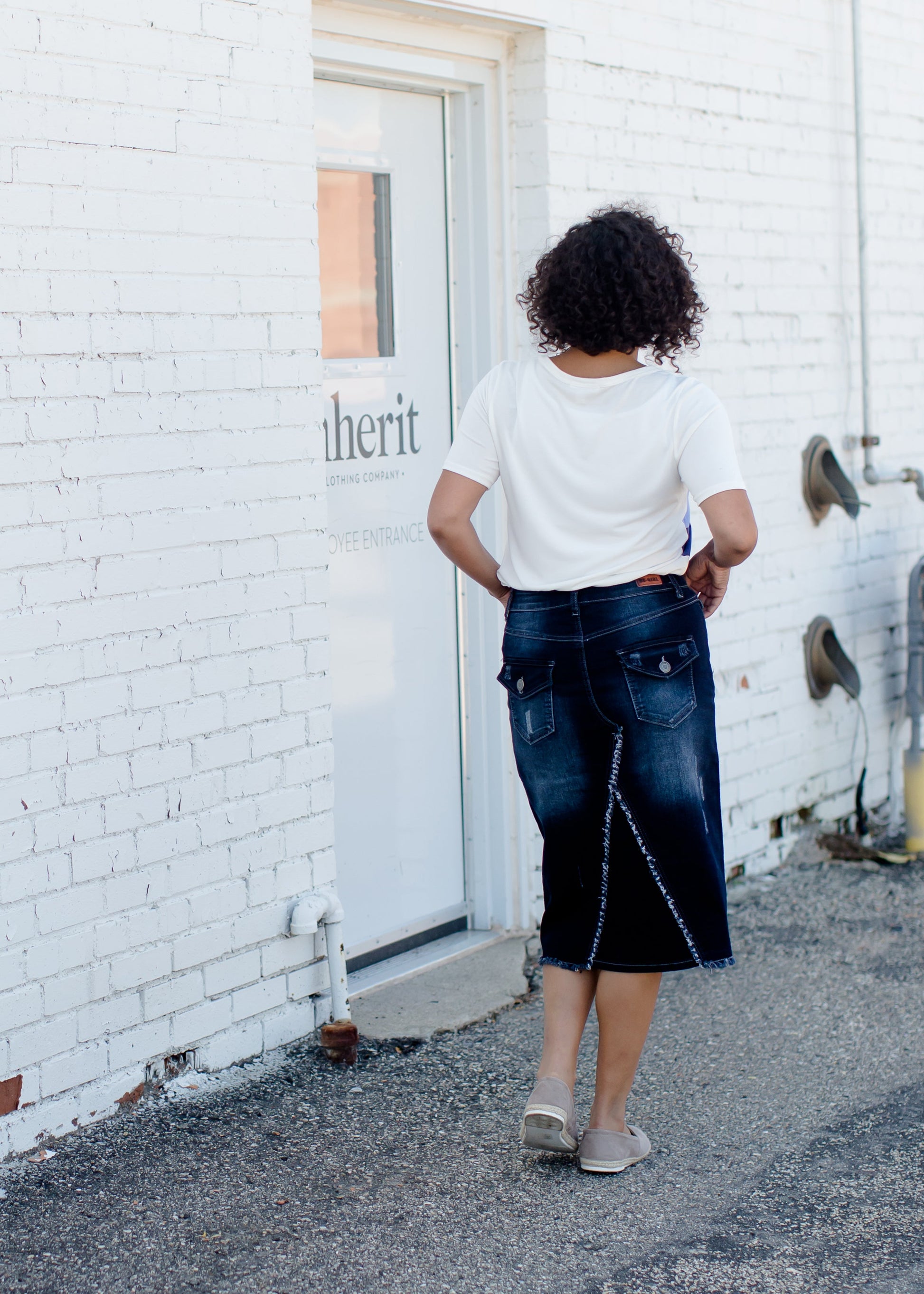 distressed denim midi skirt