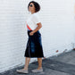 distressed denim midi skirt