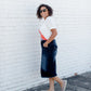 distressed denim midi skirt