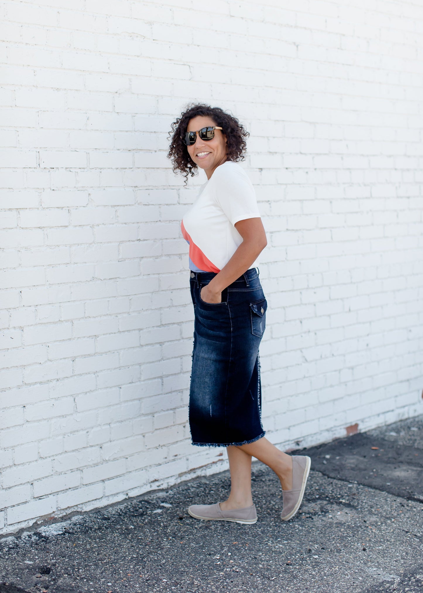 distressed denim midi skirt