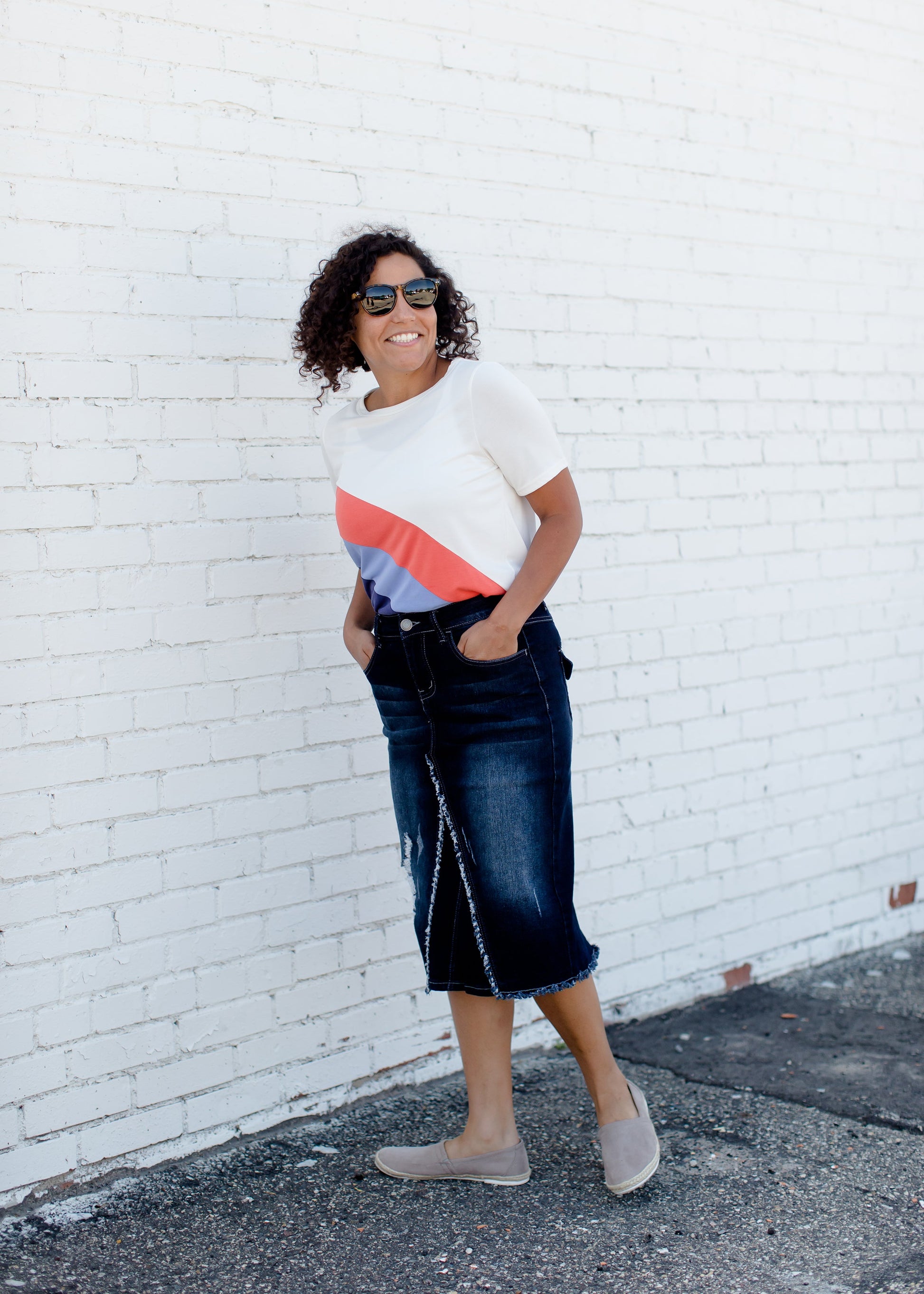 distressed denim midi skirt