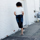 distressed denim midi skirt