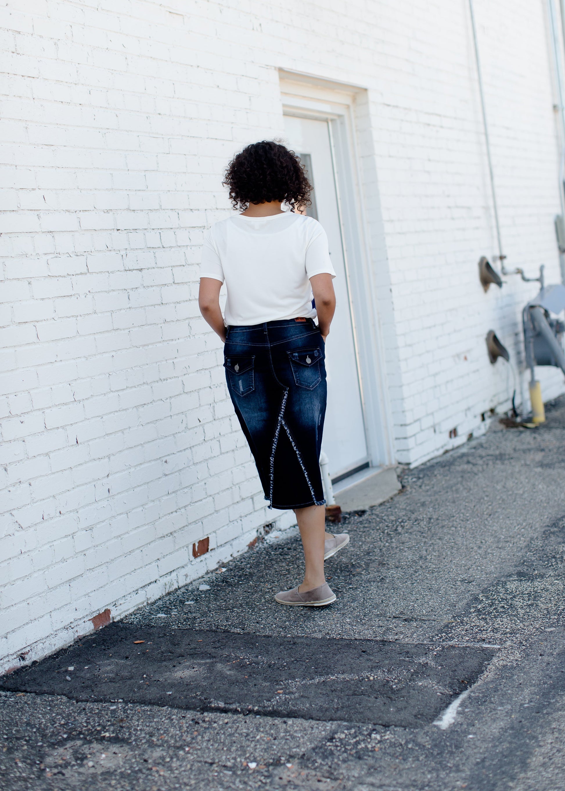 distressed denim midi skirt
