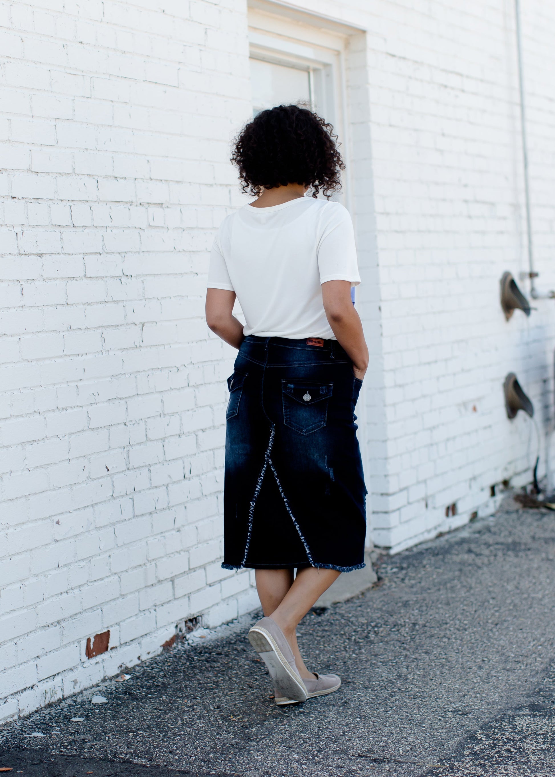 distressed denim midi skirt