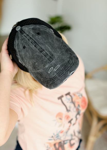 Distressed Messy Bun Hat - FINAL SALE Accessories Black