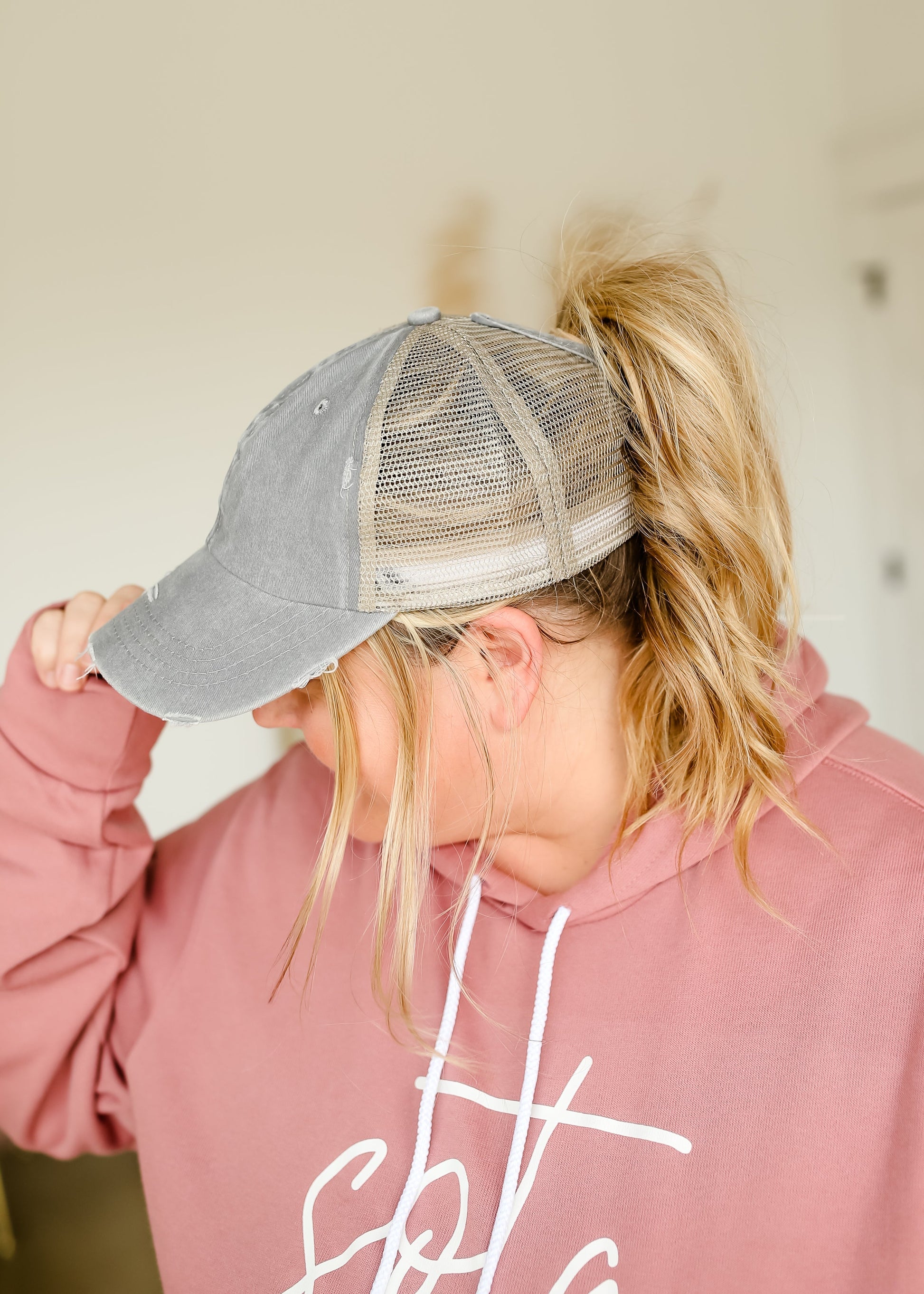 Distressed Messy Bun Hat - FINAL SALE Accessories Gray