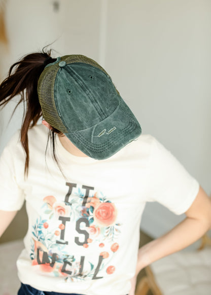 Distressed Messy Bun Hat - FINAL SALE Accessories Olive