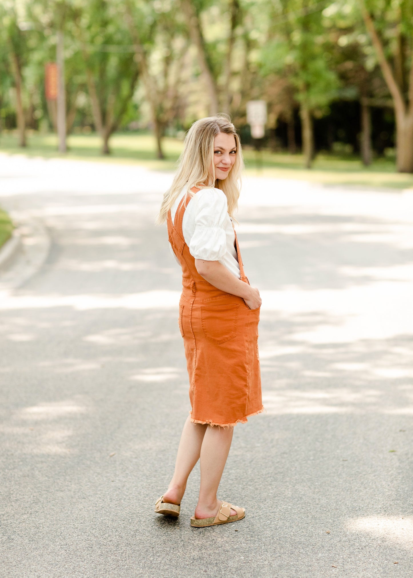 Distressed Orange Overall Midi Dress Dresses