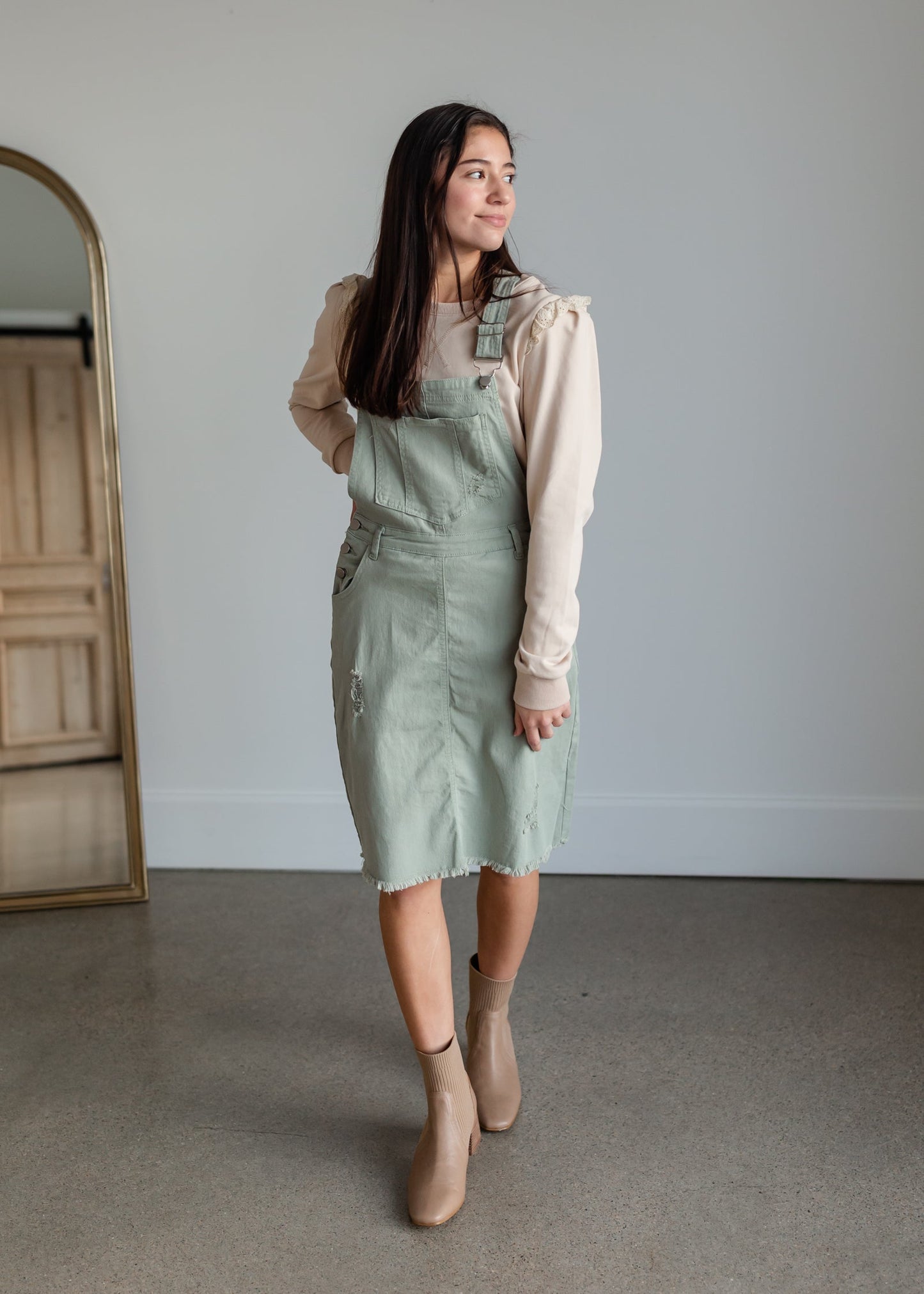 Distressed Overall Midi Dress - FINAL SALE Dresses Polagram + BaeVely S / Green