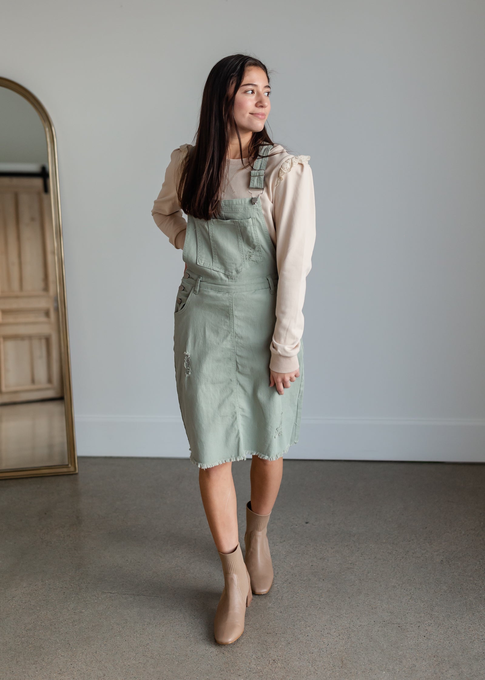 Distressed Overall Midi Dress - FINAL SALE Dresses Polagram + BaeVely S / Green