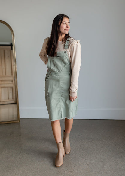 Distressed Overall Midi Dress - FINAL SALE Dresses Polagram + BaeVely S / Green
