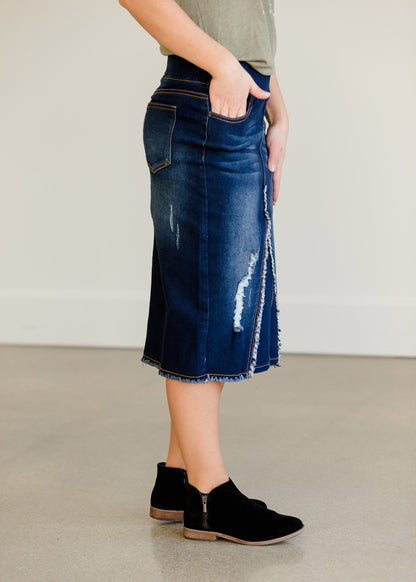 Distressed Stretch Waist Denim Skirt - FINAL SALE Skirts