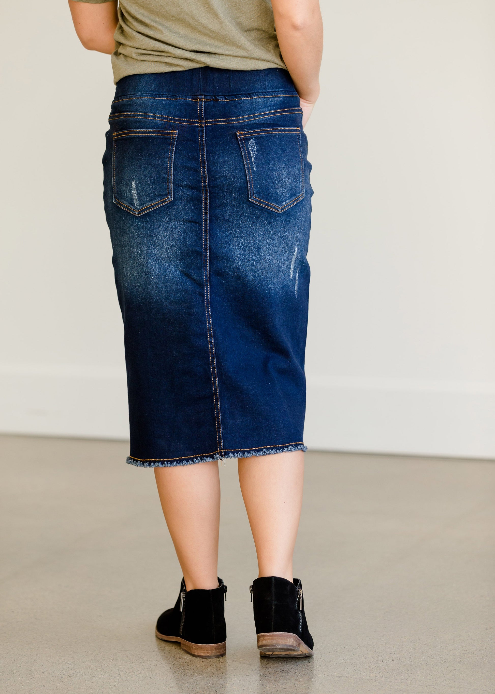 Distressed Stretch Waist Denim Skirt - FINAL SALE Skirts