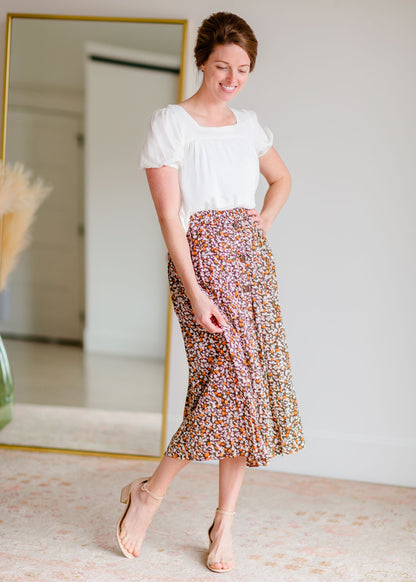 Ditsy Print Button Front Pleated Midi Skirt Skirts Hayden Los Angeles