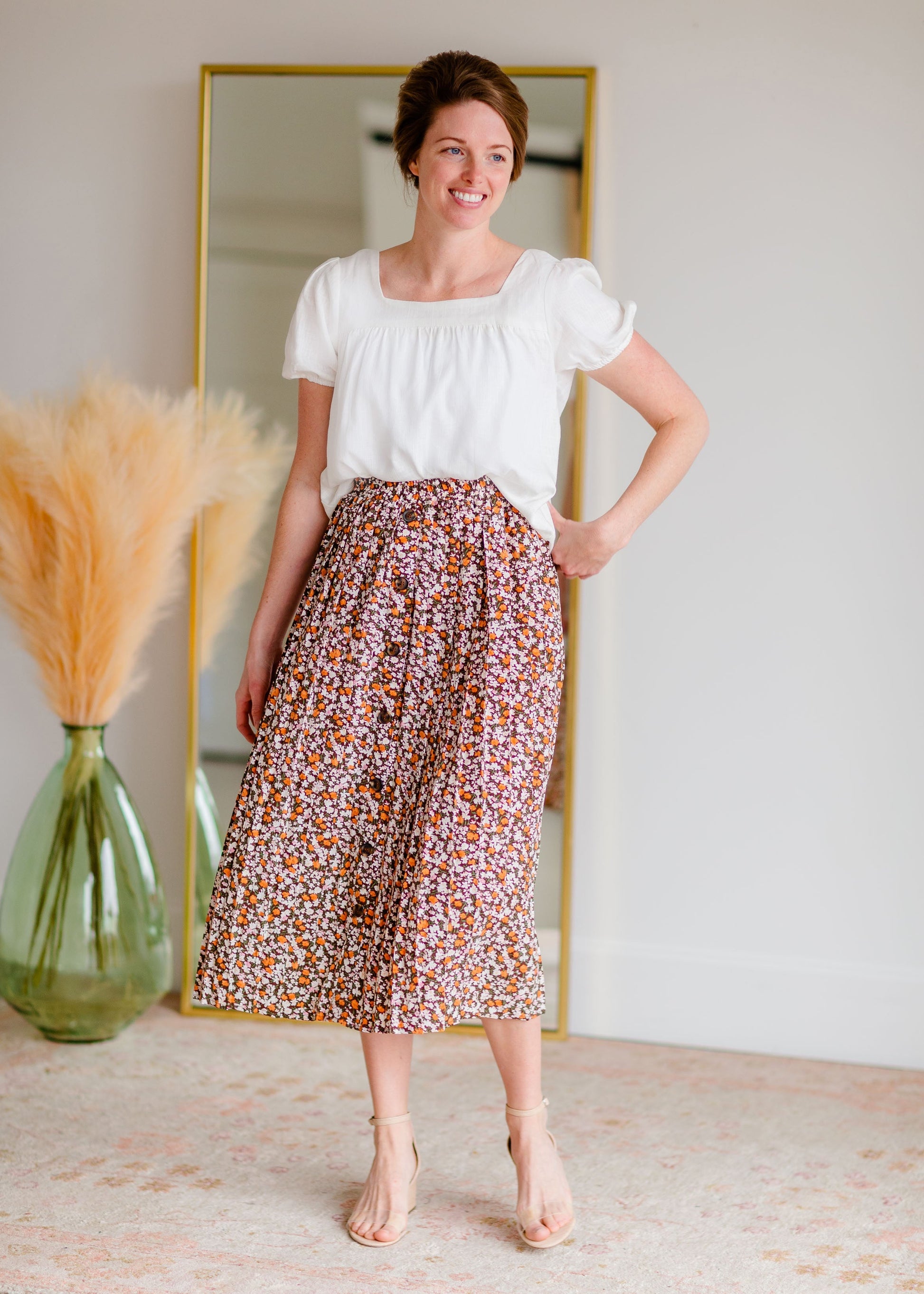 Ditsy Print Button Front Pleated Midi Skirt Skirts Hayden Los Angeles