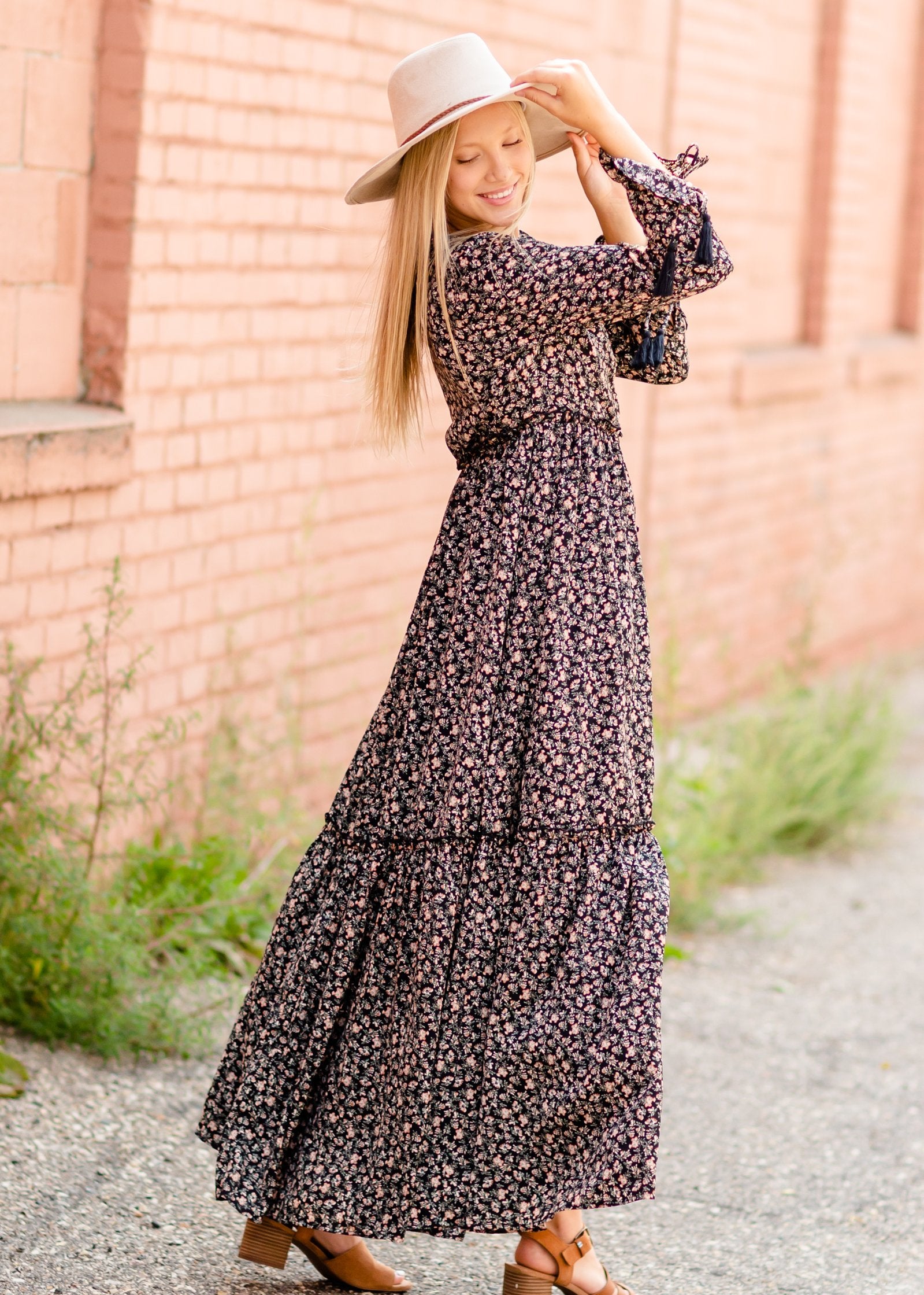 Ditsy Print Floral Tie Sleeve Maxi Dress FINAL SALE Inherit Co