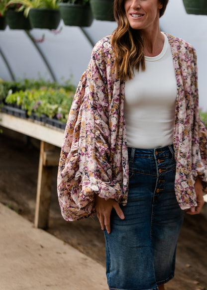Dolman Sleeve Floral Ruched Kimono - FINAL SALE Tops
