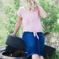 Mauve or white subtle v-neck tee with tie front.