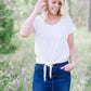 Mauve or white subtle v-neck tee with tie front.