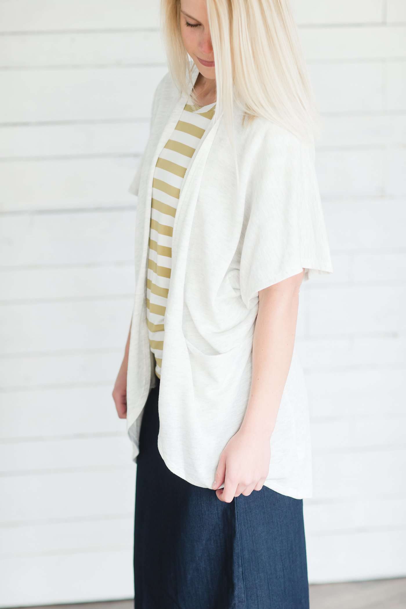 Light grey short sleeve open front cardigan.