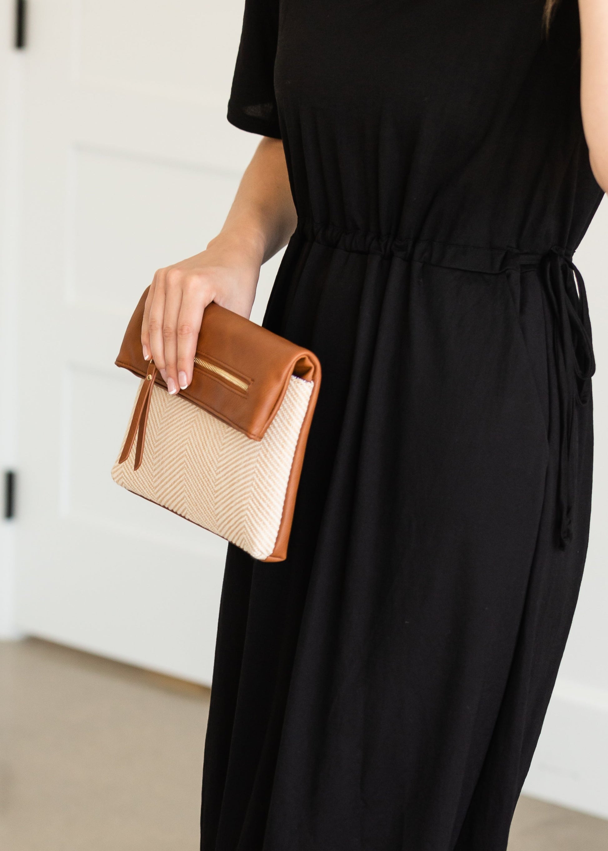 DOORBUSTER - Beige Herringbone Foldover Clutch with Strap - FINAL SALE Accessories