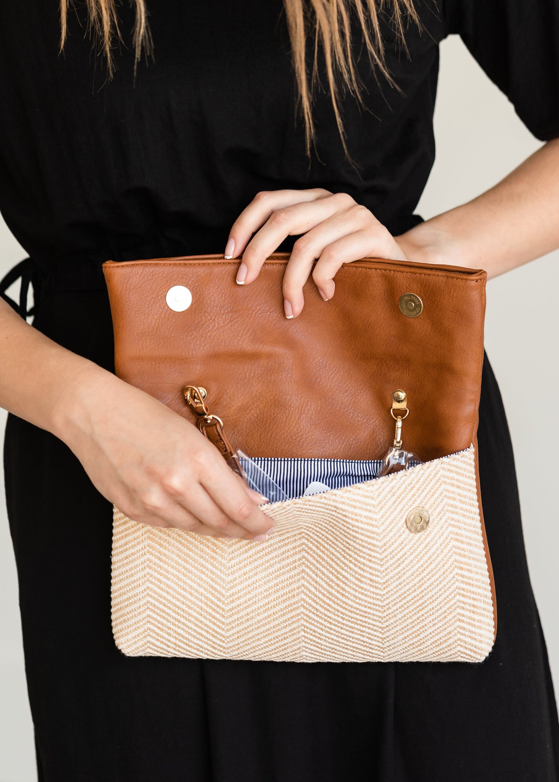 DOORBUSTER - Beige Herringbone Foldover Clutch with Strap - FINAL SALE Accessories