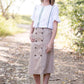Taupe midi length skirt with double buttons down the front.