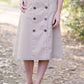Taupe midi length skirt with double buttons down the front.