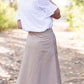Taupe midi length skirt with double buttons down the front.