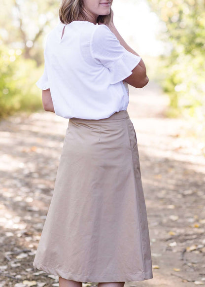 Taupe midi length skirt with double buttons down the front.