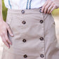 Taupe midi length skirt with double buttons down the front.