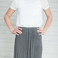 charcoal or black triple pleated maxi skirt with elastic waist.