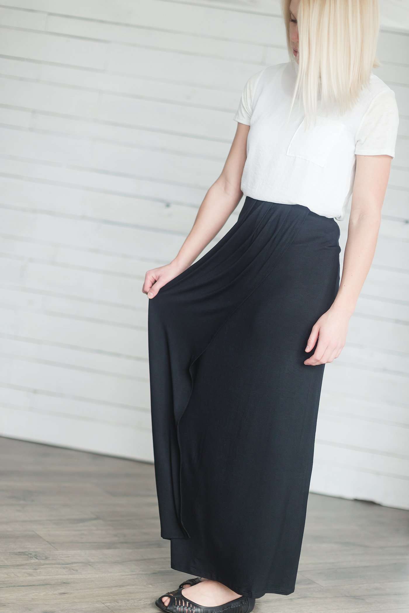 charcoal or black triple pleated maxi skirt with elastic waist.