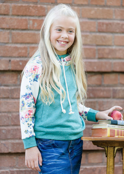 teal and floral doublehood girls sweatshirt