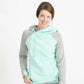 Woman wearing a mint and gray doublehood sweatshirt from ampersand avenue