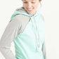 Woman wearing a mint and gray doublehood sweatshirt from ampersand avenue