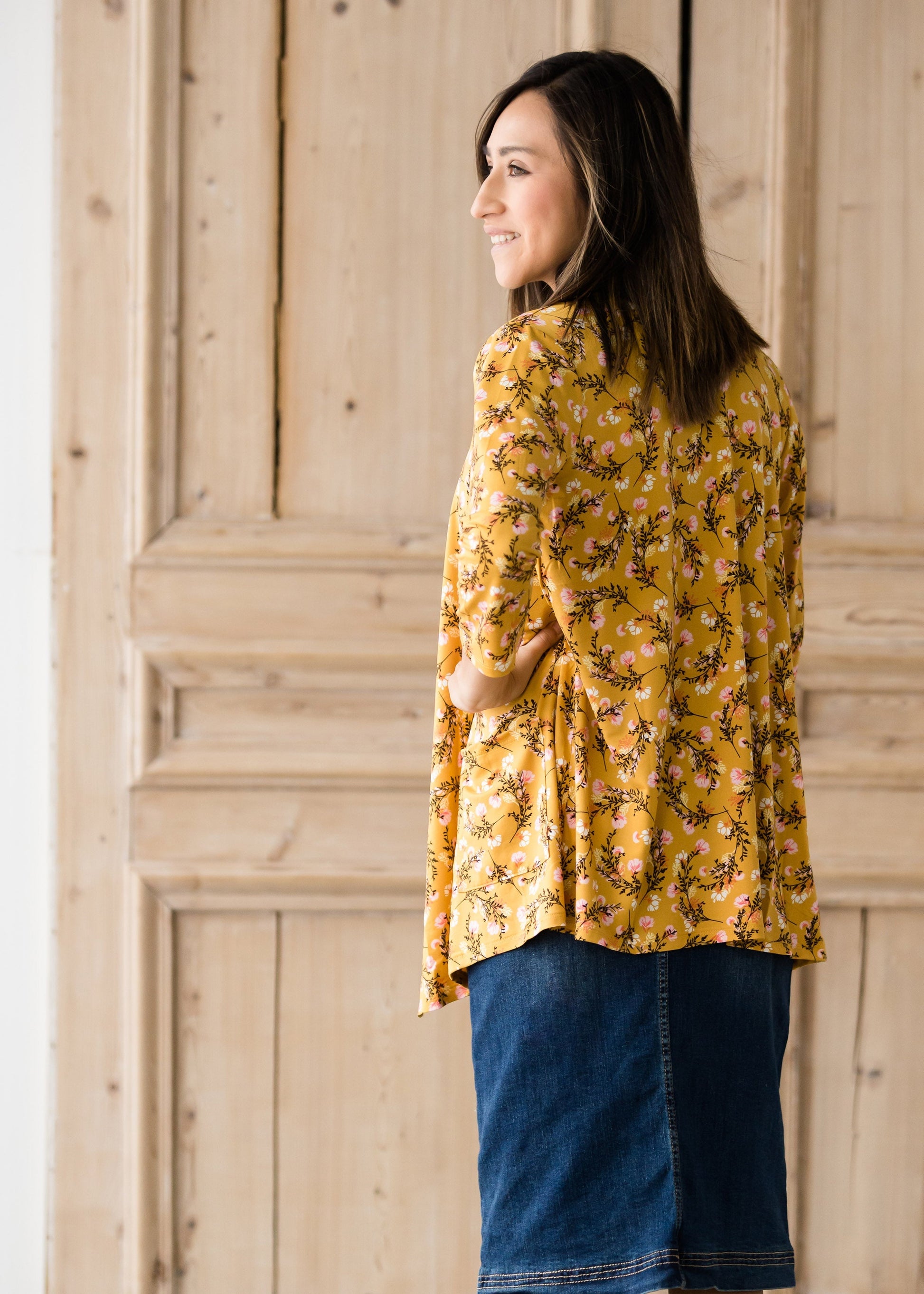 Draped Open Front Floral 3/4 Sleeve Cardigan - FINAL SALE Layering Essentials