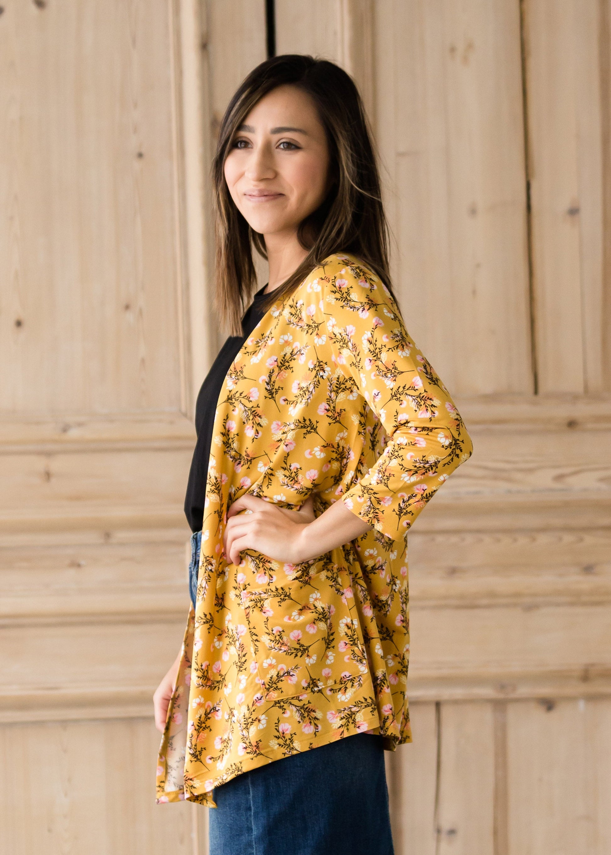 Draped Open Front Floral 3/4 Sleeve Cardigan - FINAL SALE Layering Essentials