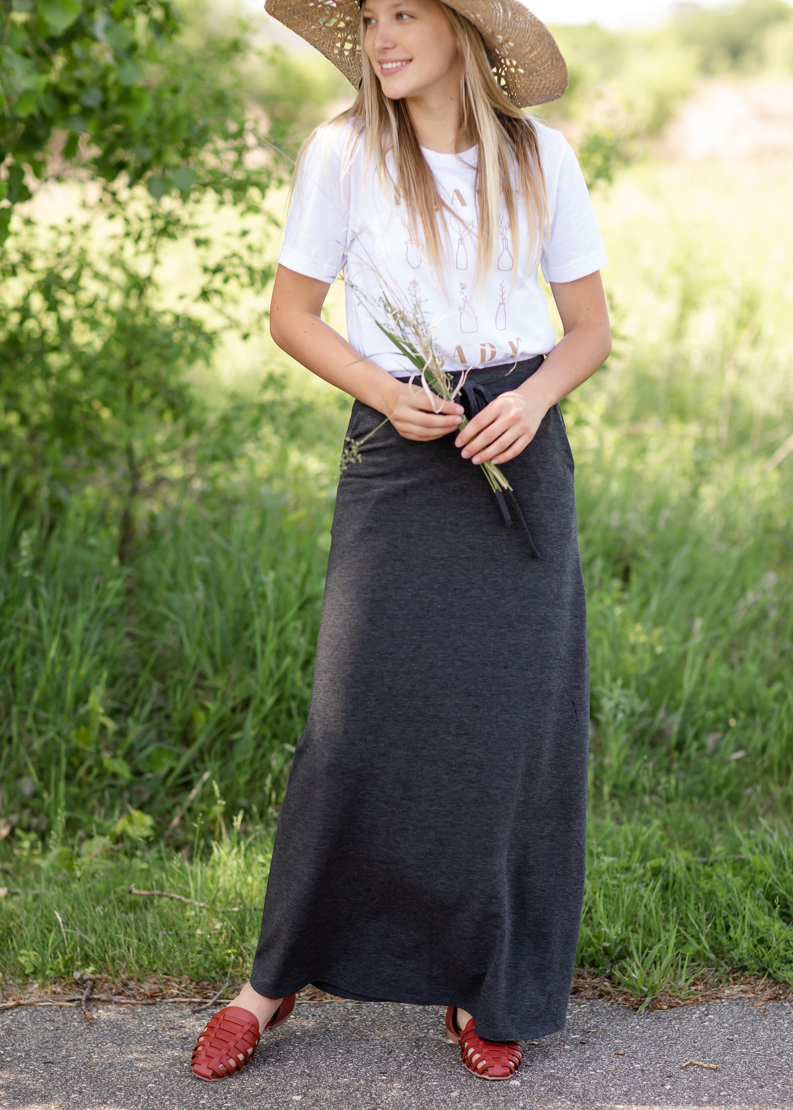 Drawstring Knit Maxi Skirt - FINAL SALE Skirts Gray / S