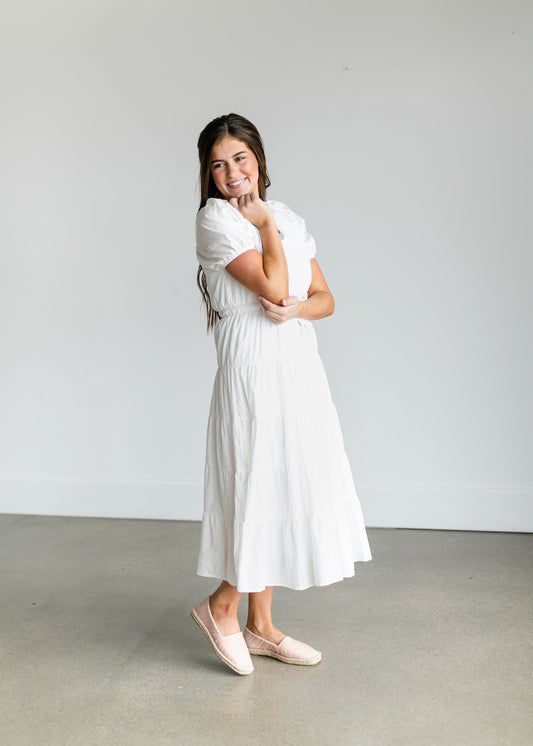 Drawstring Waist White V Neck Maxi Dress Dresses