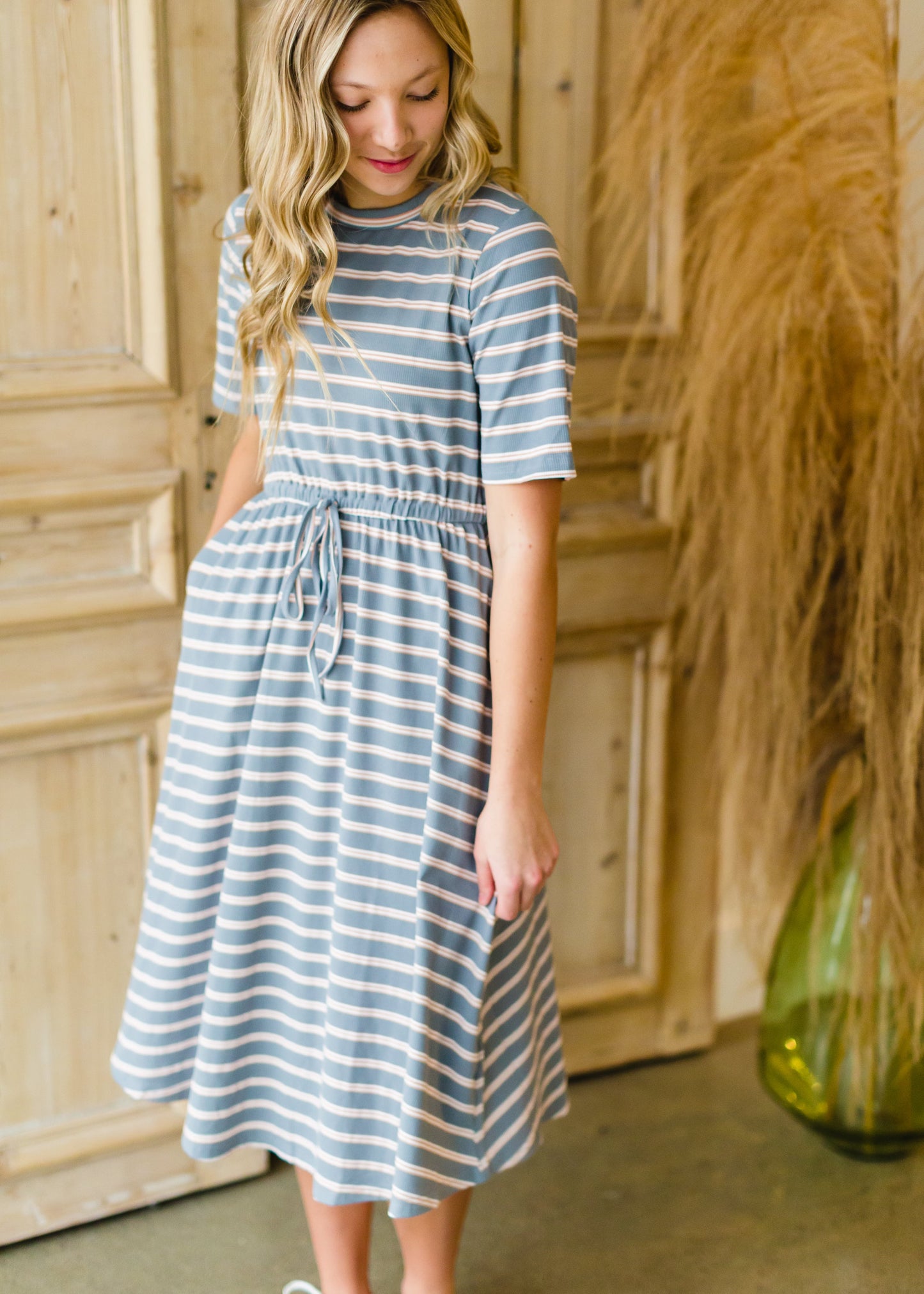 Dusty Blue Striped Knit Midi Dress - FINAL SALE Dresses
