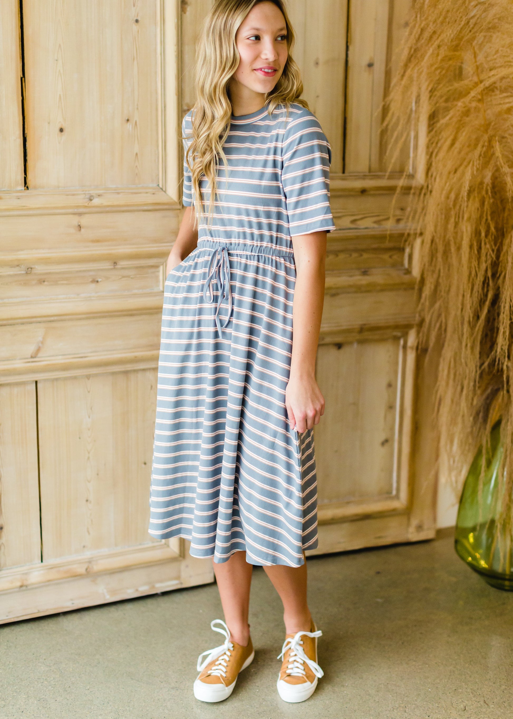 Dusty Blue Striped Knit Midi Dress - FINAL SALE Dresses