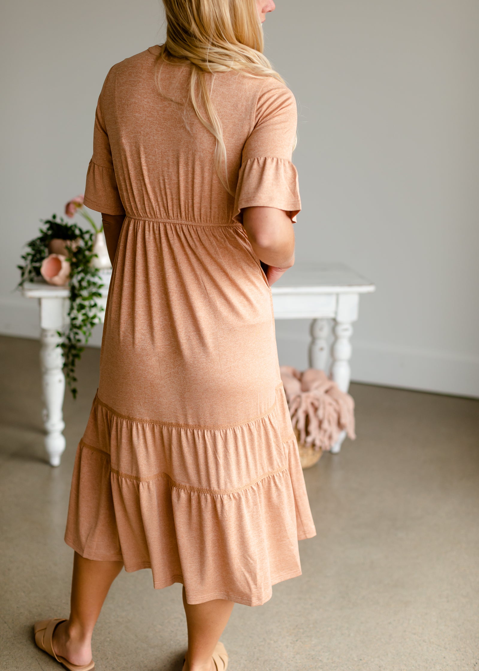 Dusty Peach Tiered Knit Midi Dress Dresses