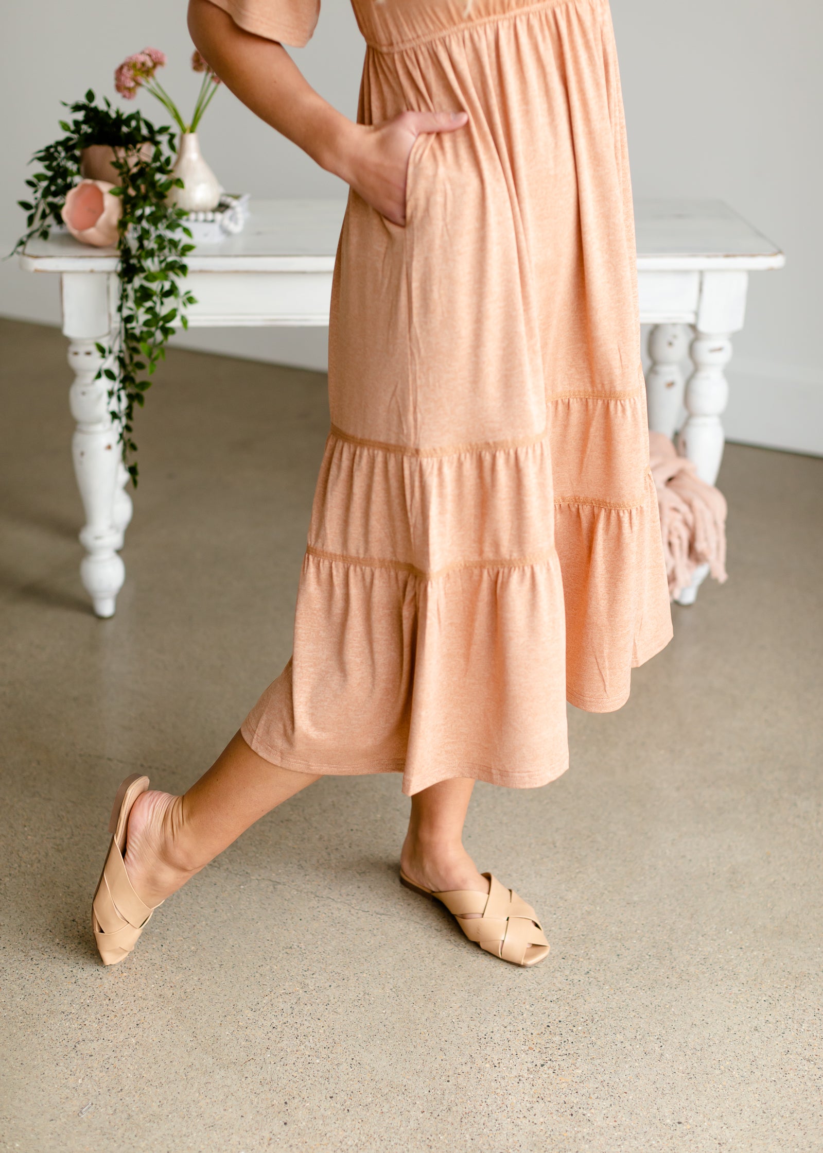 Dusty Peach Tiered Knit Midi Dress Dresses