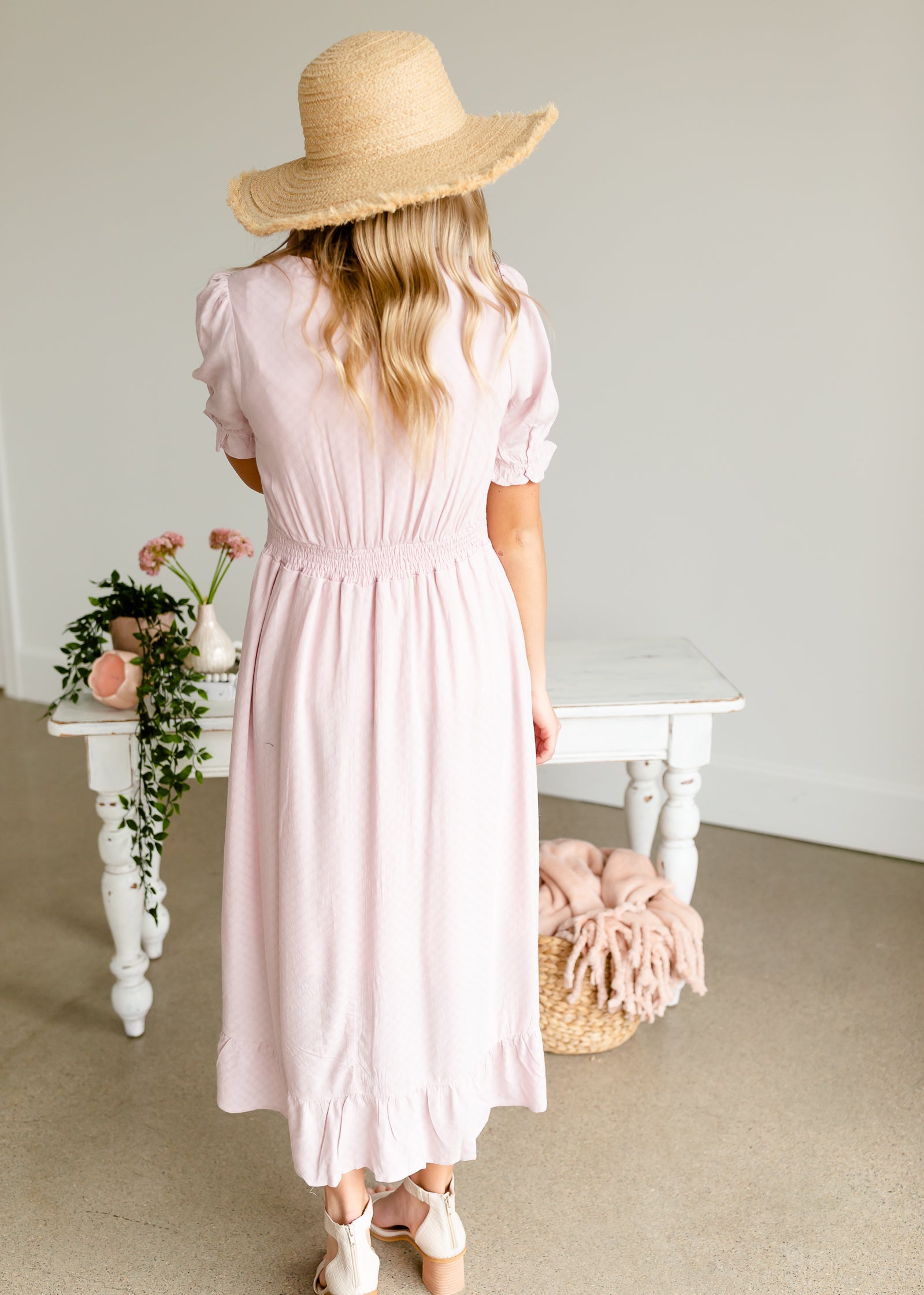 Dusty Pink V-Neck Ruffled Hem Midi Dress Dresses