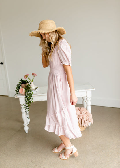 Dusty Pink V-Neck Ruffled Hem Midi Dress Dresses