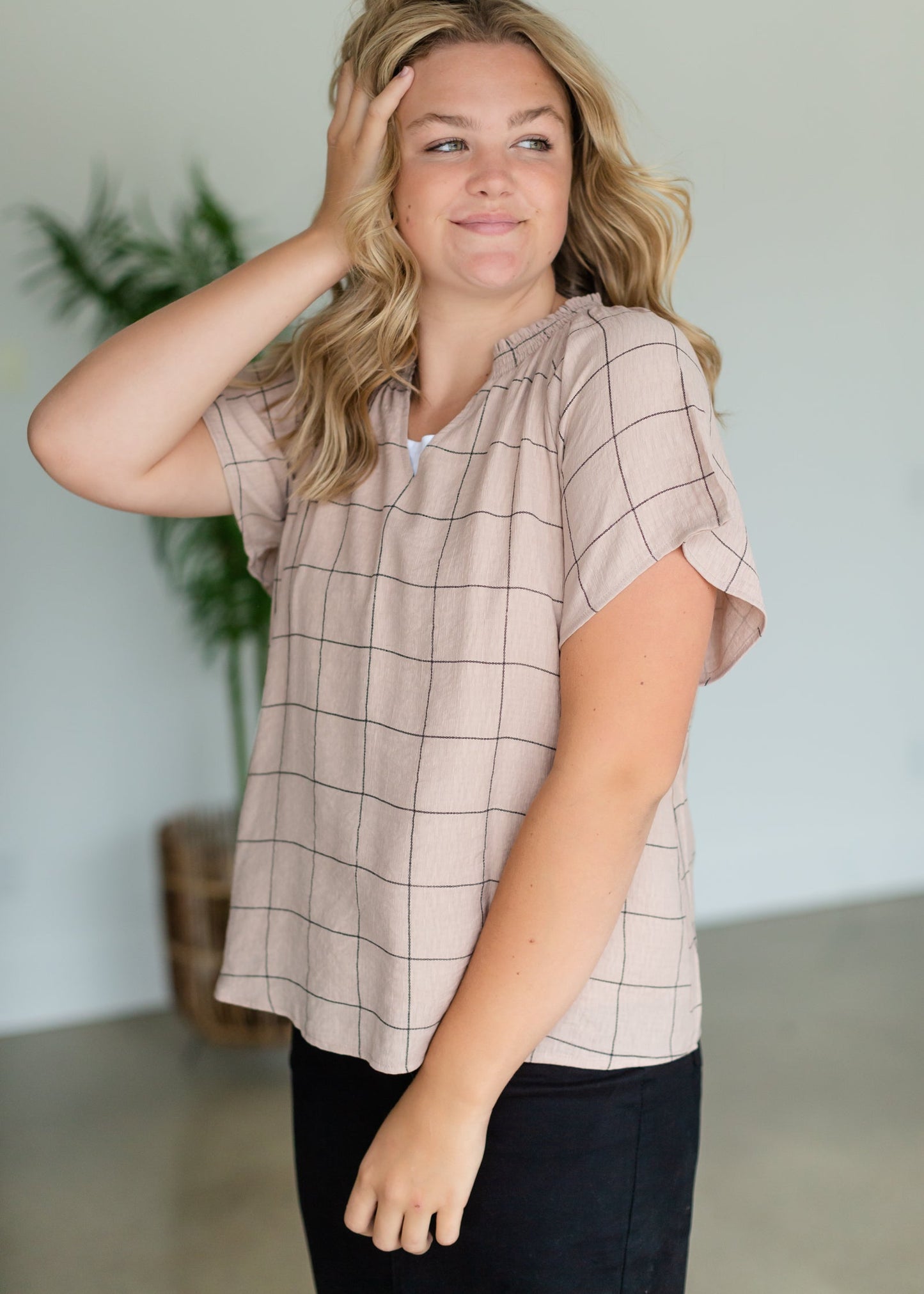 Dusty Pink Windowpane Smocked Neck Top - FINAL SALE Tops